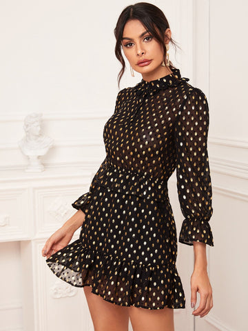 Gold Print Sheer Swiss Dot Ruffle Hem Dress