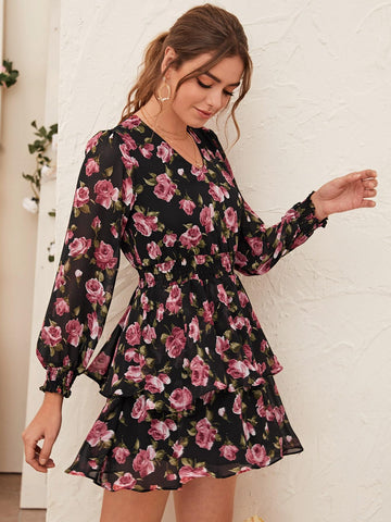 Floral Print Shirred Waist Layered Dress