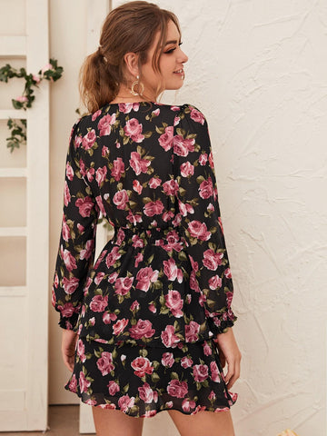 Floral Print Shirred Waist Layered Dress