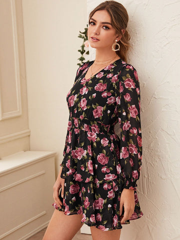 Floral Print Shirred Waist Layered Dress