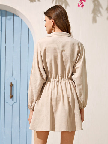 Flap Detail Drawstring Waist Shirt Dress