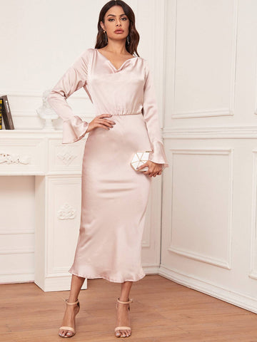 Cowl Neck Tie Back Flounce Sleeve Satin Dress