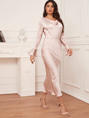 Cowl Neck Tie Back Flounce Sleeve Satin Dress