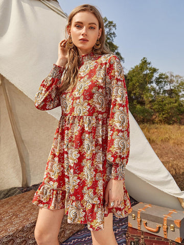 Paisley Print Shirred Neck Ruffle Smock Dress