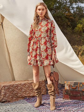 Paisley Print Shirred Neck Ruffle Smock Dress