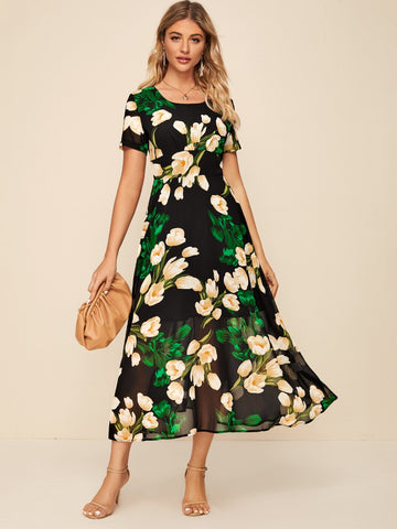 Floral Print Zip Back A-Line Dress