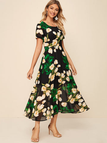 Floral Print Zip Back A-Line Dress