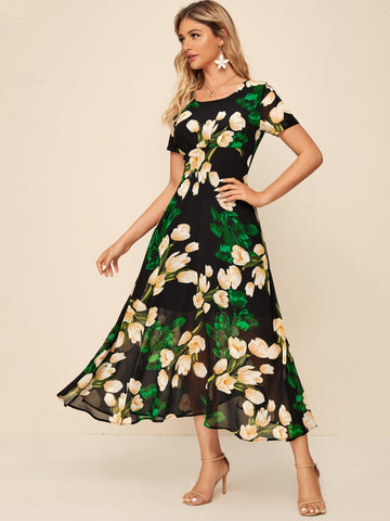 Floral Print Zip Back A-Line Dress