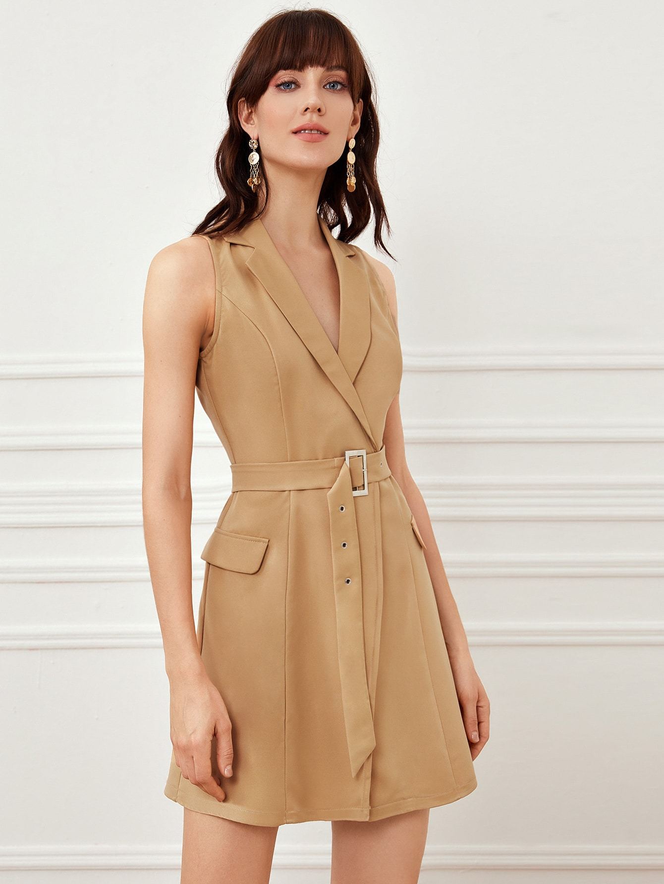 Lapel Collar Belted Sleeveless Blazer Dress