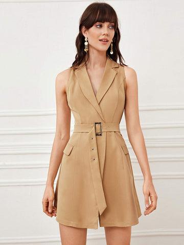 Lapel Collar Belted Sleeveless Blazer Dress