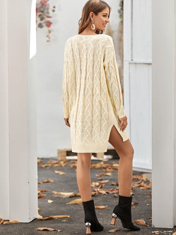 Slit Hem Cable Knit Jumper Dress Without Belt