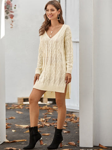 Slit Hem Cable Knit Jumper Dress Without Belt