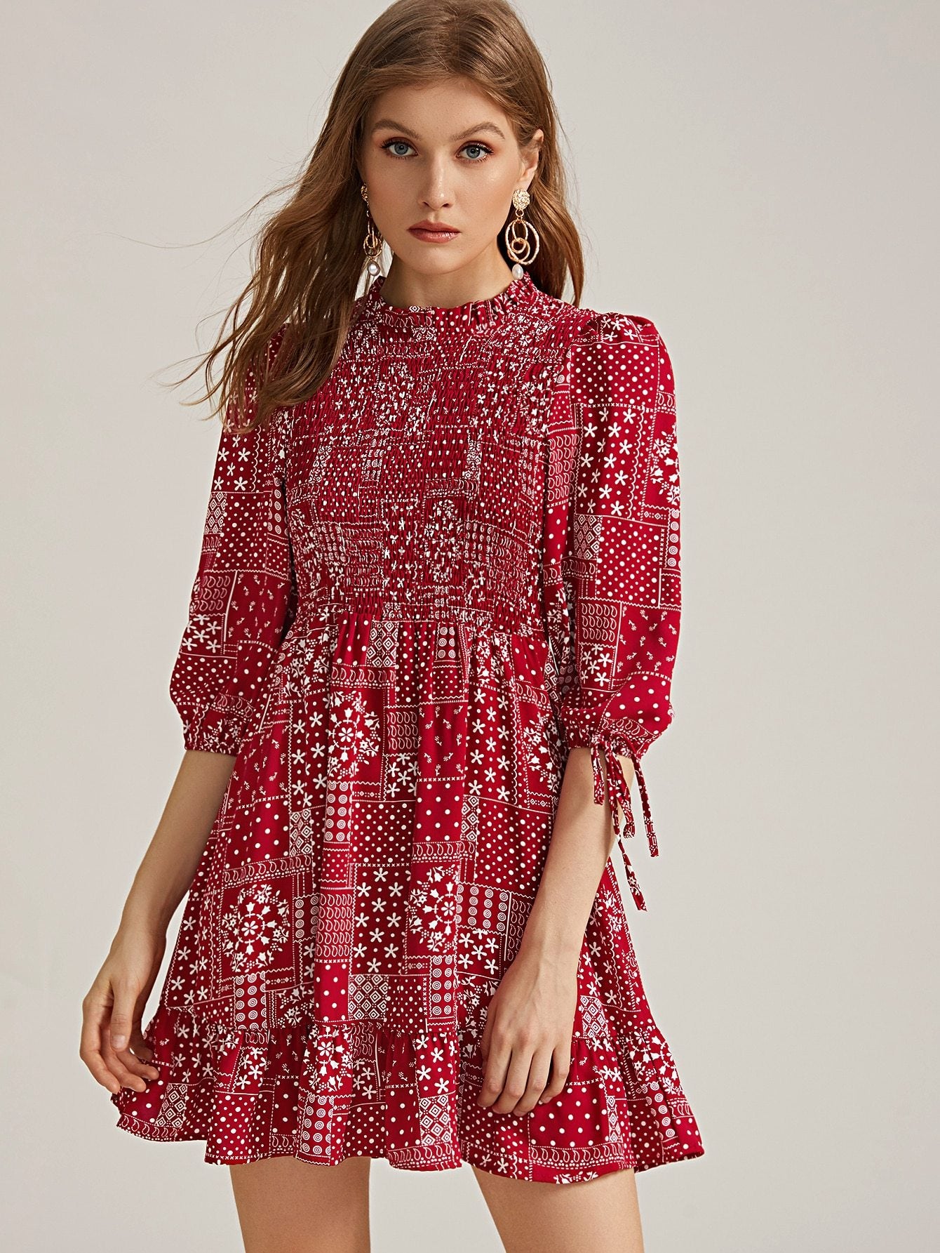 Graphic Print Shirred Ruffle Hem Dress