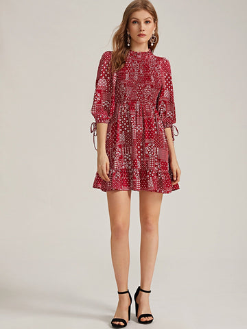 Graphic Print Shirred Ruffle Hem Dress