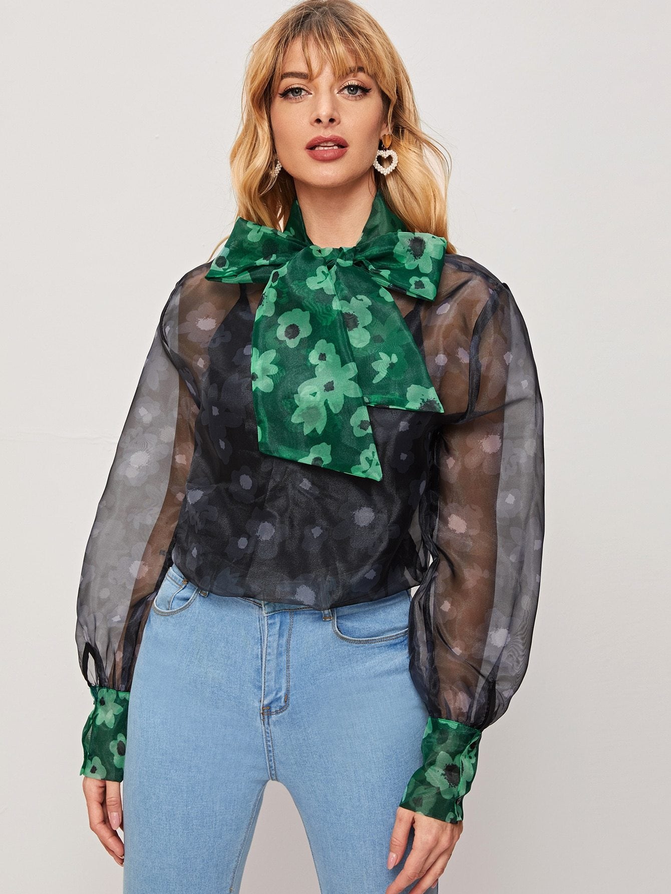 Tie Neck Floral Print Sheer Organza Blouse