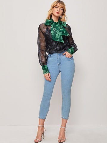 Tie Neck Floral Print Sheer Organza Blouse
