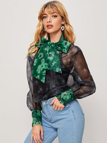 Tie Neck Floral Print Sheer Organza Blouse