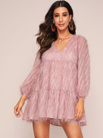 Solid V-Neck Shaggy Dress