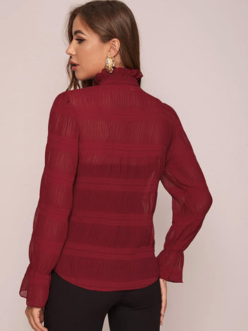Tie Neck Flounce Sleeve Plisse Blouse