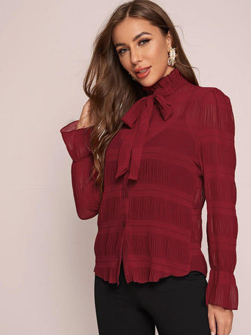 Tie Neck Flounce Sleeve Plisse Blouse