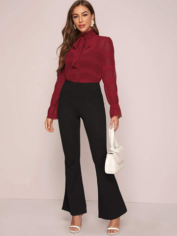 Tie Neck Flounce Sleeve Plisse Blouse