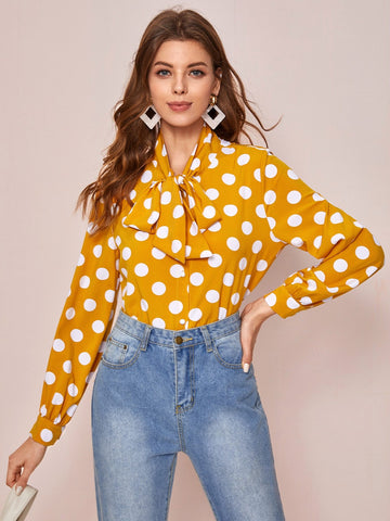 Polka Dot Tie Neck Button Through Blouse