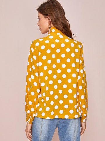 Polka Dot Tie Neck Button Through Blouse