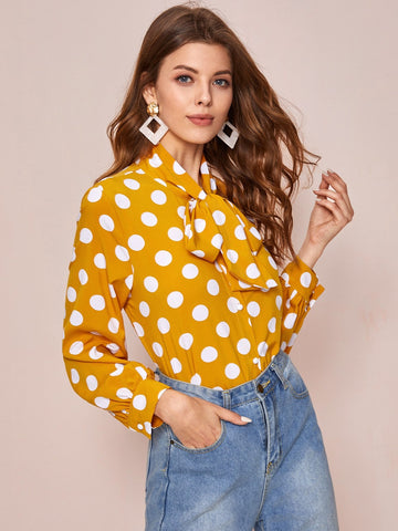 Polka Dot Tie Neck Button Through Blouse
