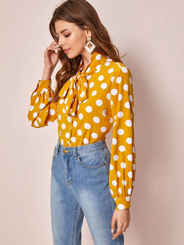 Polka Dot Tie Neck Button Through Blouse