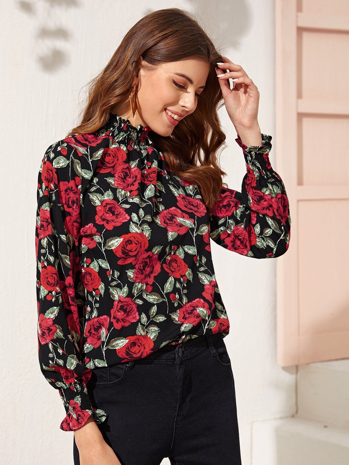 Shirred High Neck Frill Trim Floral Top