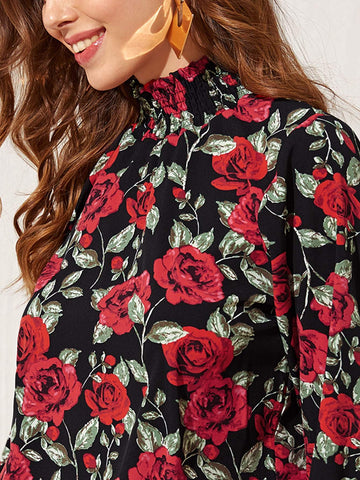 Shirred High Neck Frill Trim Floral Top
