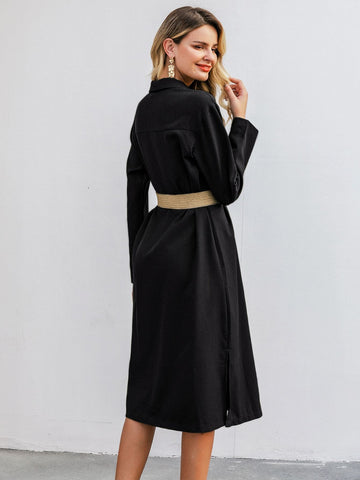 Simplee Slit Hem Button Front Shirt Dress Without Belt