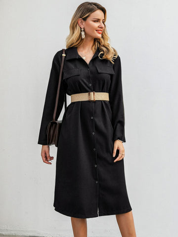 Simplee Slit Hem Button Front Shirt Dress Without Belt