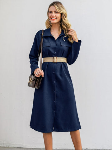 Simplee Slit Hem Button Front Shirt Dress Without Belt