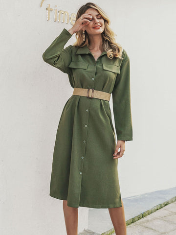 Simplee Slit Hem Button Front Shirt Dress Without Belt