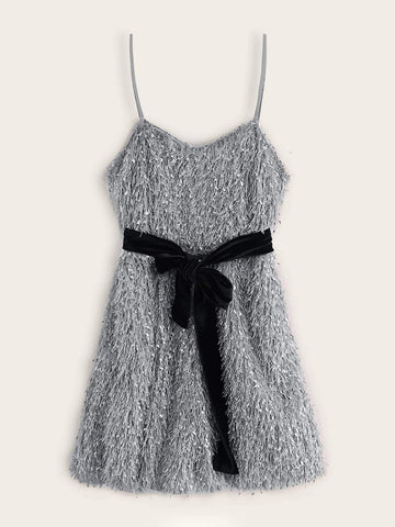 Self Tie Shaggy Mini Cami Dress