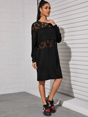 Lace Panel Oversized Sweatshirt Dress