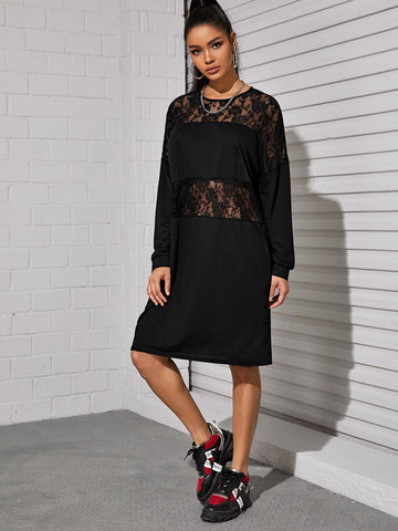 Lace Panel Oversized Sweatshirt Dress