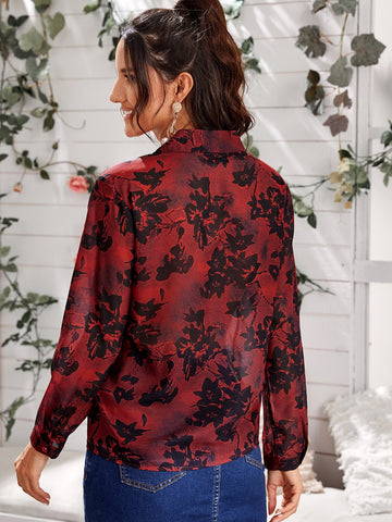 Floral Print Plunge Neck Sheer Top