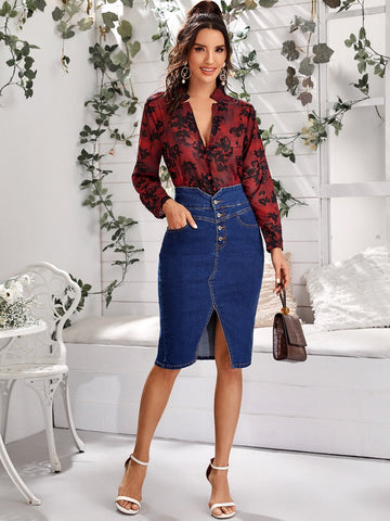 Floral Print Plunge Neck Sheer Top