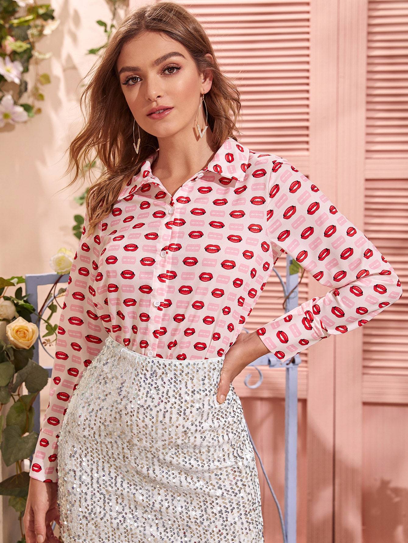 Allover Red Lip Print Blouse