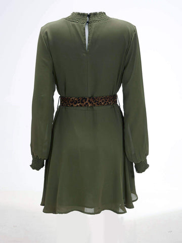Shirred Frill Trim Belted A-line Dress