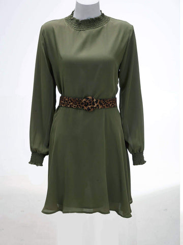 Shirred Frill Trim Belted A-line Dress