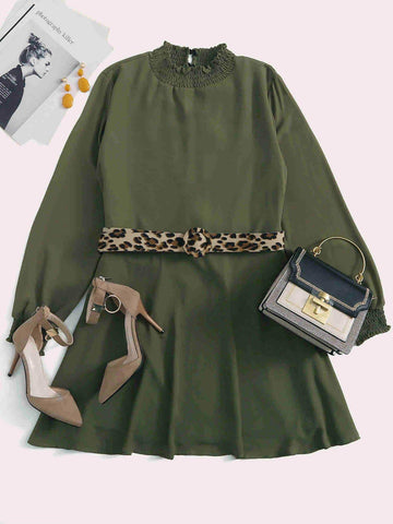 Shirred Frill Trim Belted A-line Dress