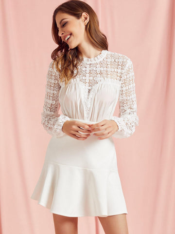 SBetro Frilled Neck Guipure Lace Panel Peplum Top