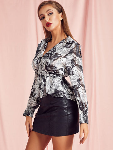 SBetro Newspaper Print Self Belted Dip Hem Top