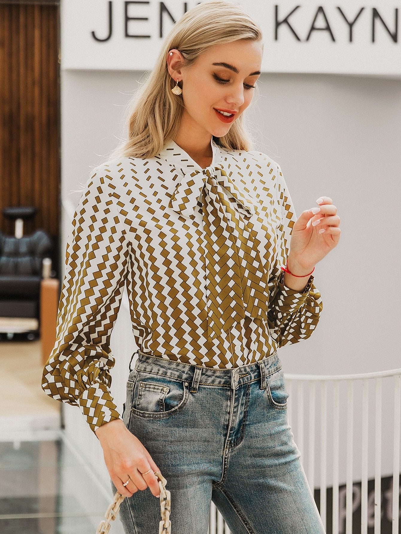 Simplee Tie Neck Geo Blouse