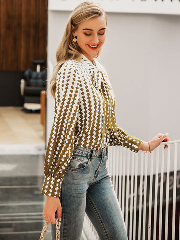 Simplee Tie Neck Geo Blouse
