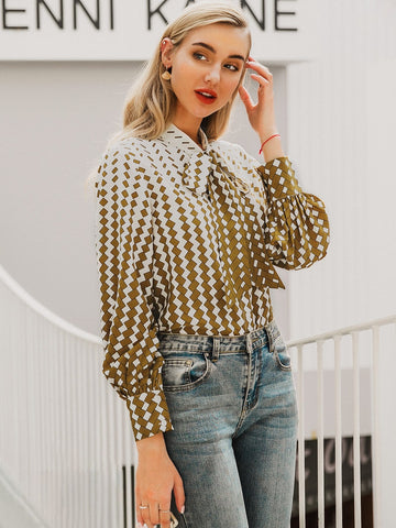 Simplee Tie Neck Geo Blouse