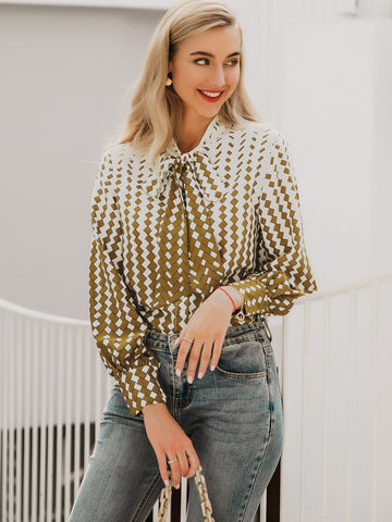 Simplee Tie Neck Geo Blouse